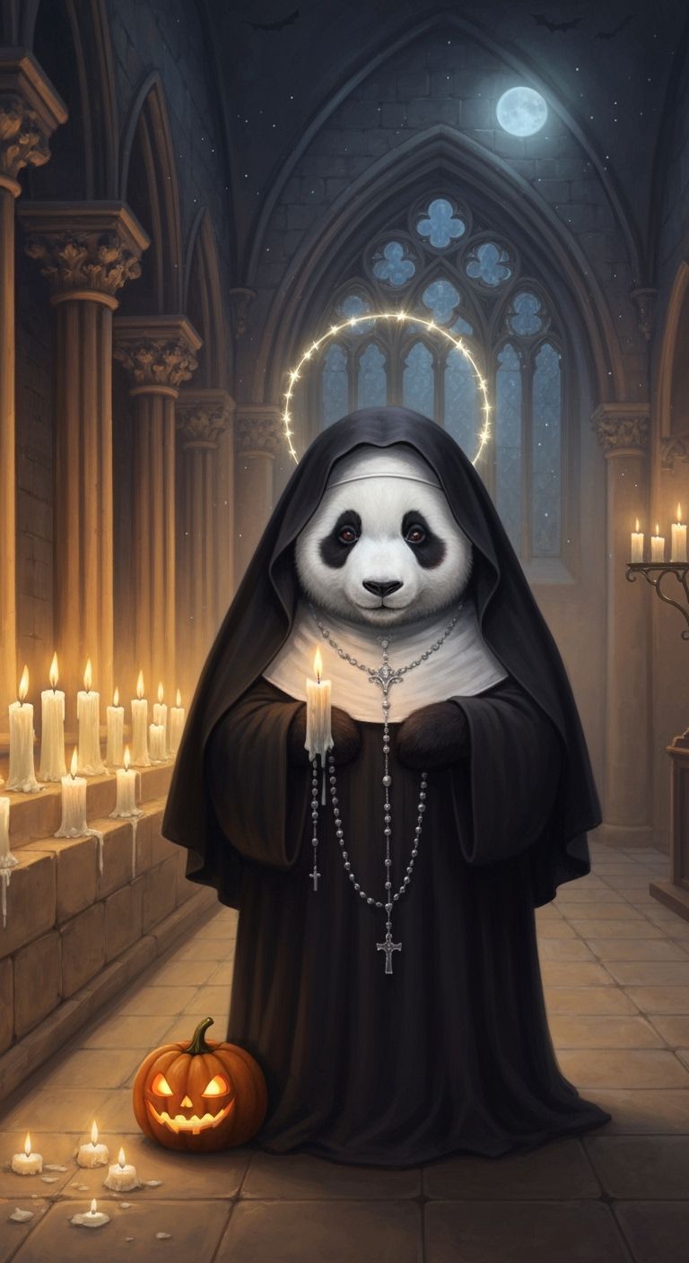 Panda Nun with Pumpkin

Gentle panda dressed as gothic nun, delicate silver rosary, soft candle halo, tiny jack-o’-lantern at her feet. Medi...