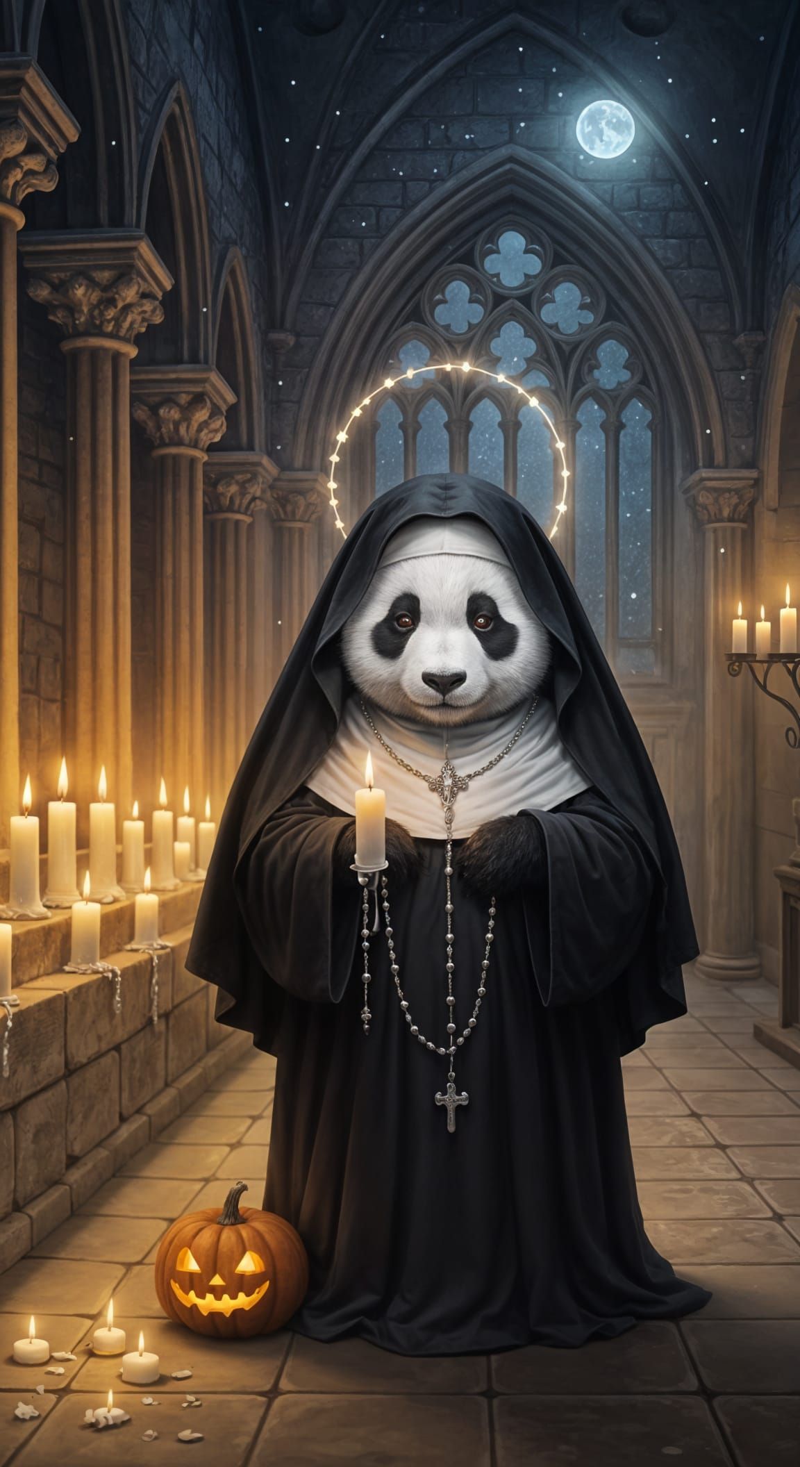 Panda Nun with Pumpkin

Gentle panda dressed as gothic nun, delicate silver rosary, soft candle halo, ...  by @HelenK
