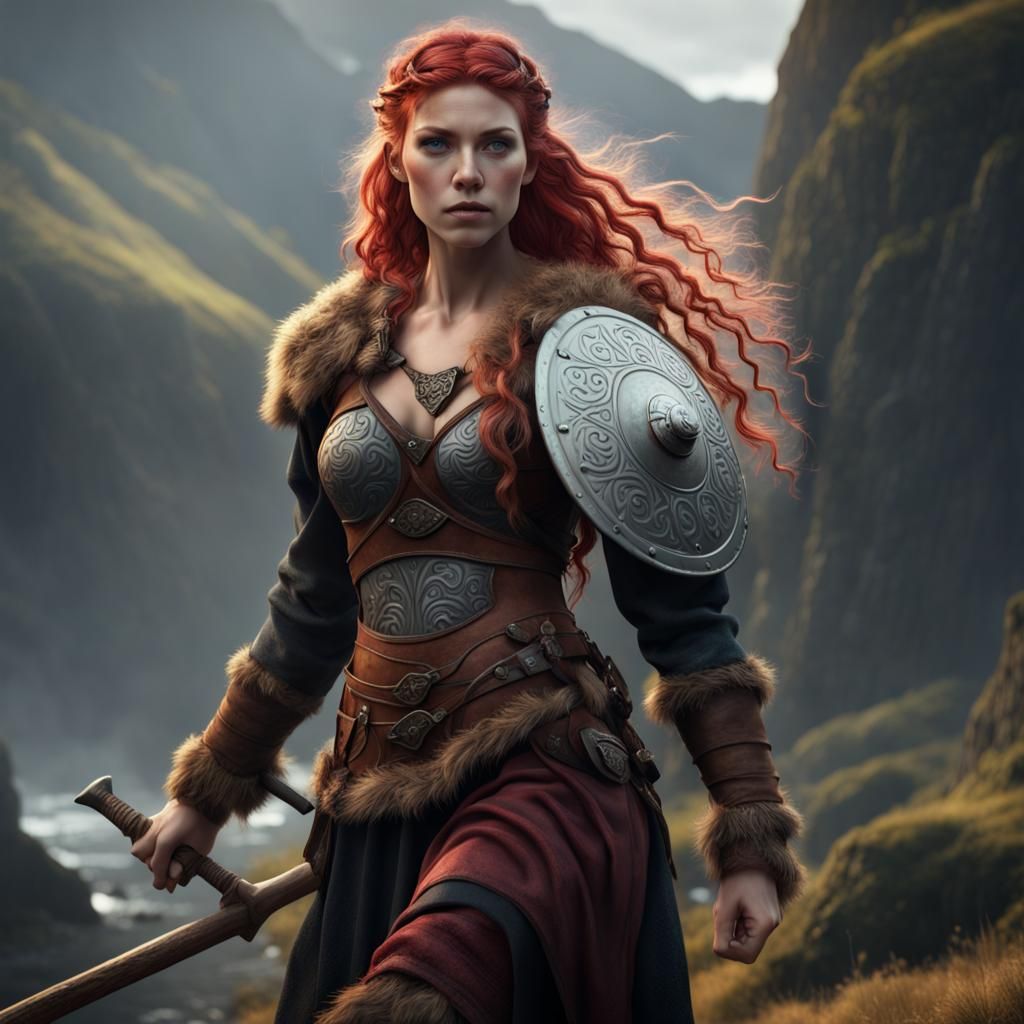 Gorgeous Viking Shield maiden with curly red, blond and black hair ...
