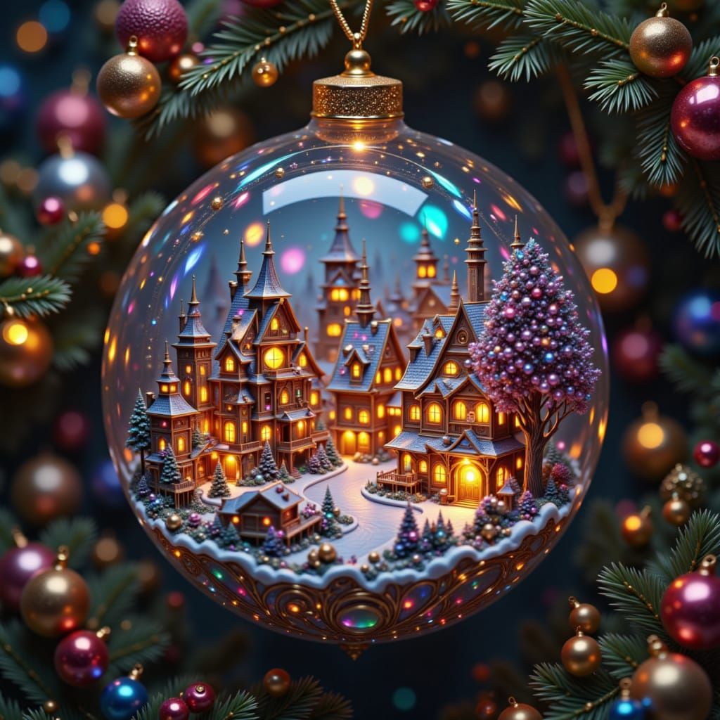 A Miniature village inside a shiny beautiful Christmas ornament. This ornament is hanging on a Christmas tree. In a living room The season i...