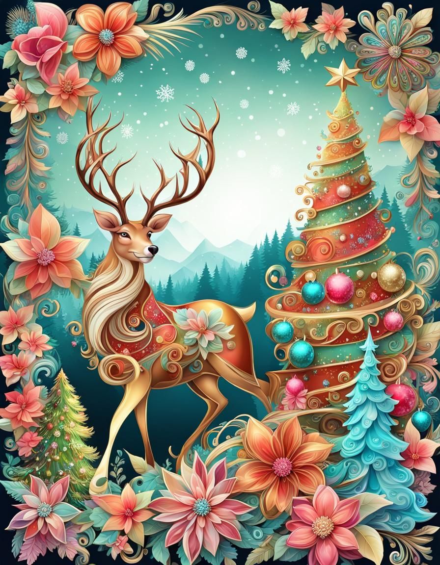 Christmas trees made of paper ribbons or leaves decorated with poinsettia flowers  by @Dedoma