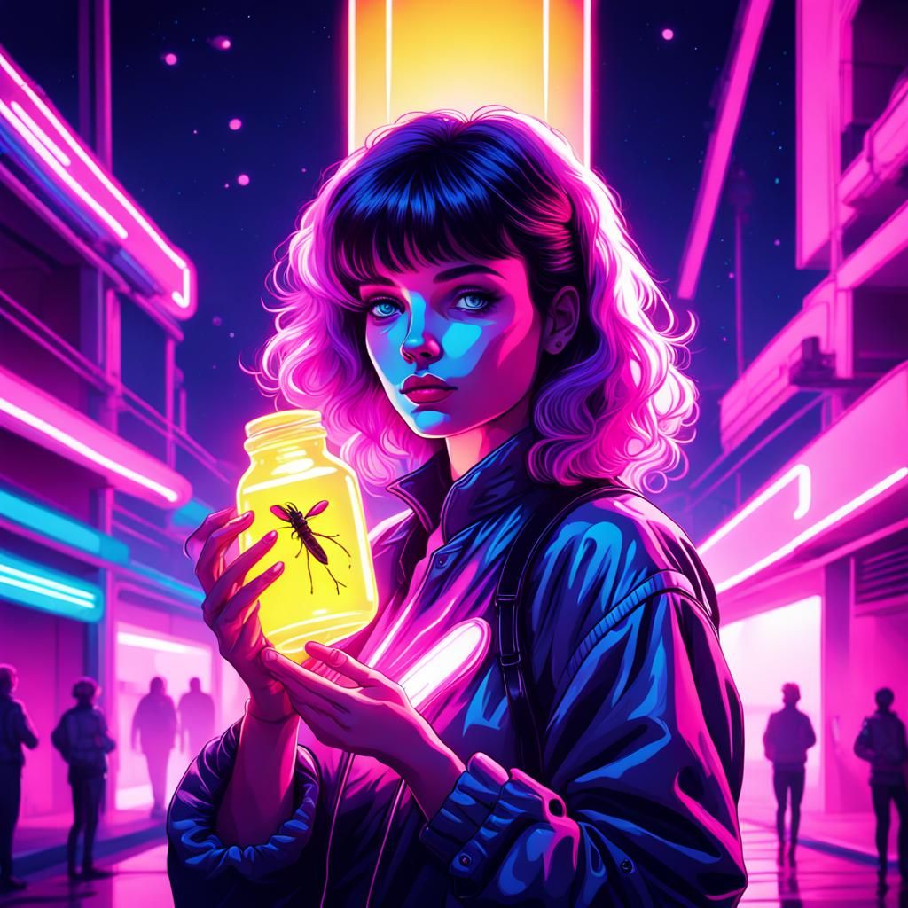 Girl with Firefly in Synthwave Neon Style
