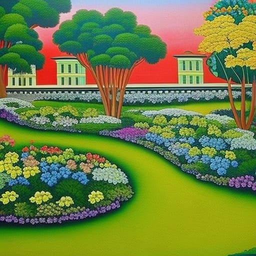depicts a majestic garden in bright colors. The paintings sh...