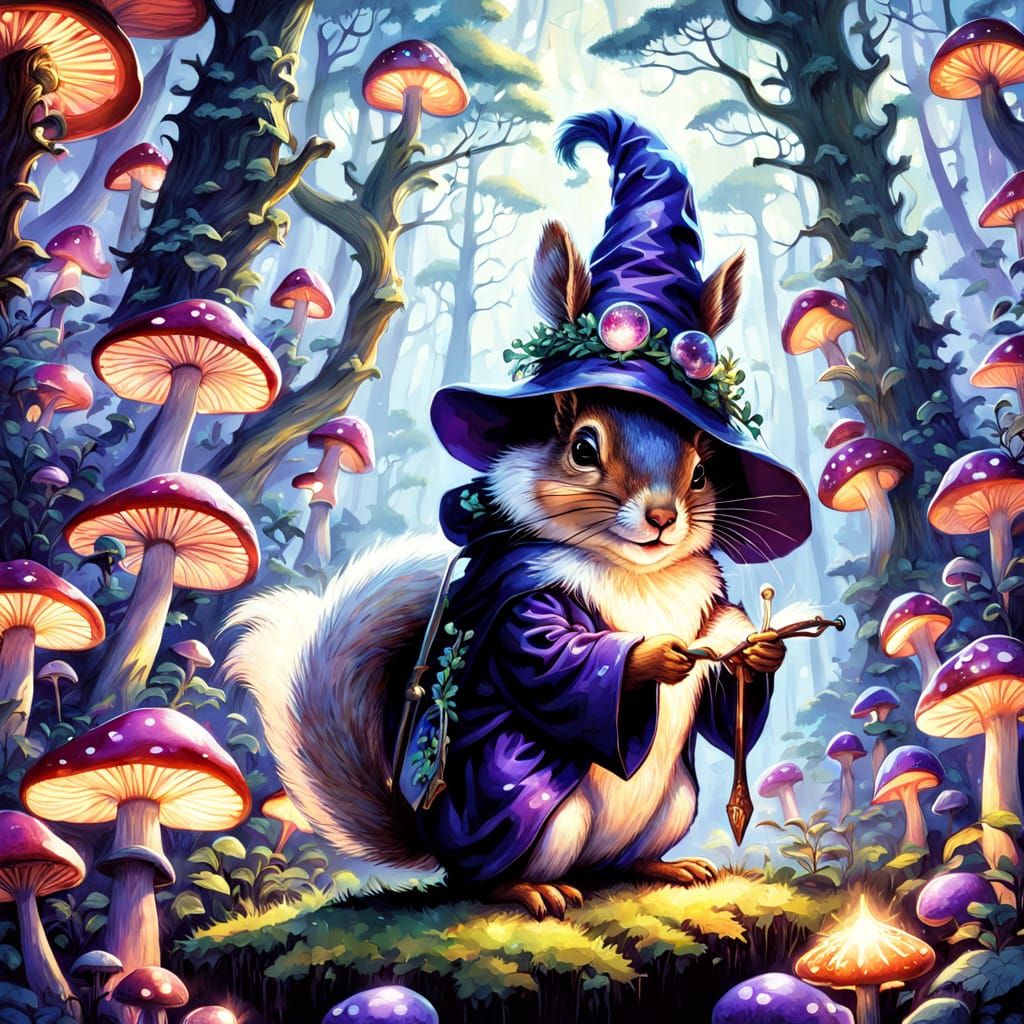 Whimsical Wizard Squirrel in Enchanted Forest