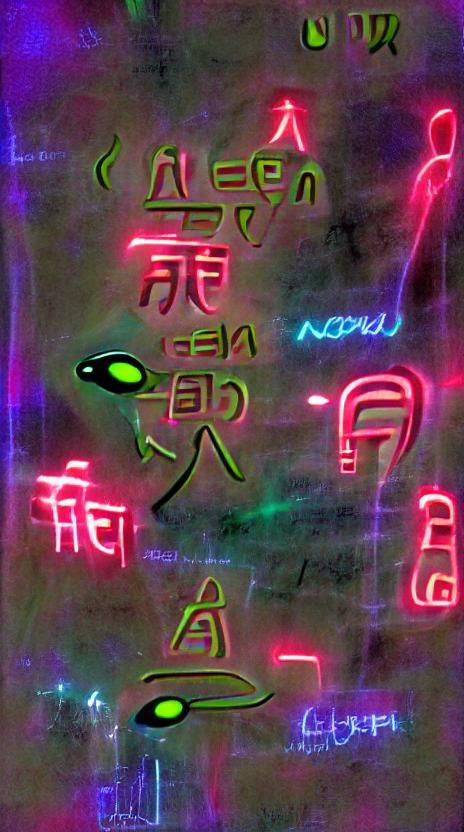 indecipherable alien language, glowing neon