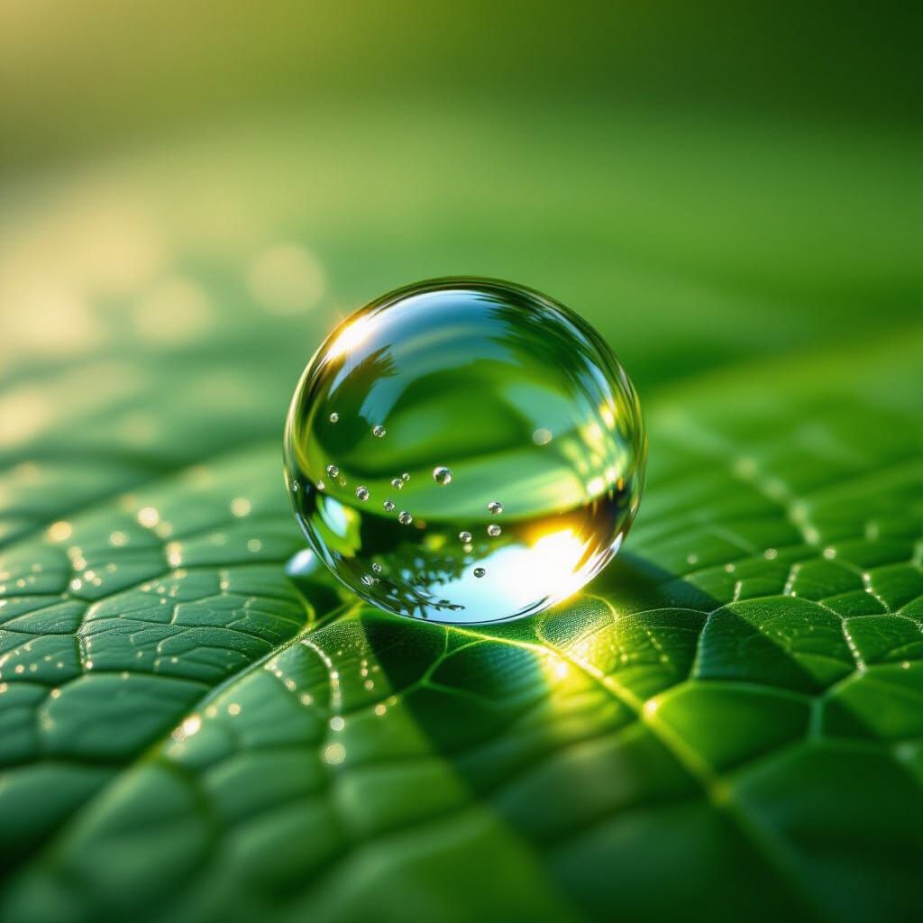 An ultra-macro hyper-realistic image of a single water droplet resting on the surface of a leaf. The ...  by @Illusion Krafter