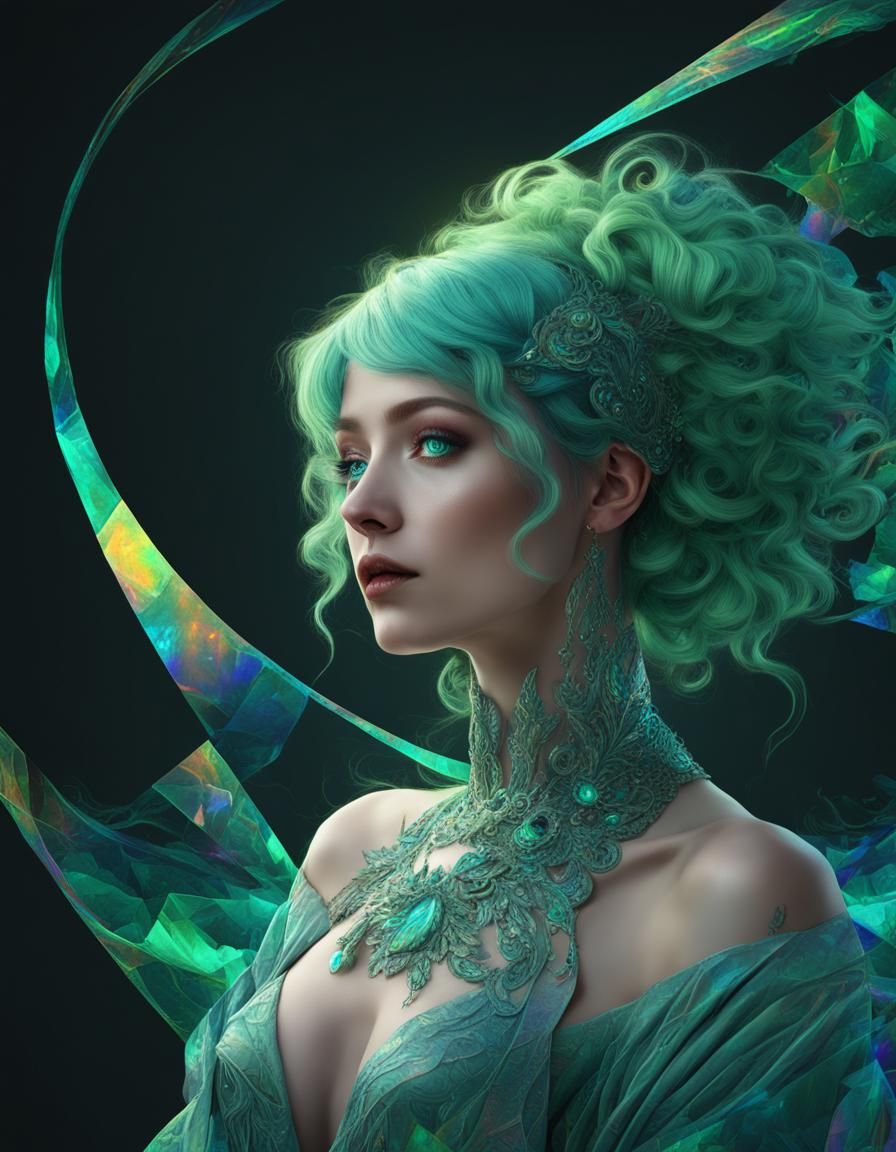 Ethereal Surreal Portrait Of A Young Lady With Green Hair And Blue Eyes 