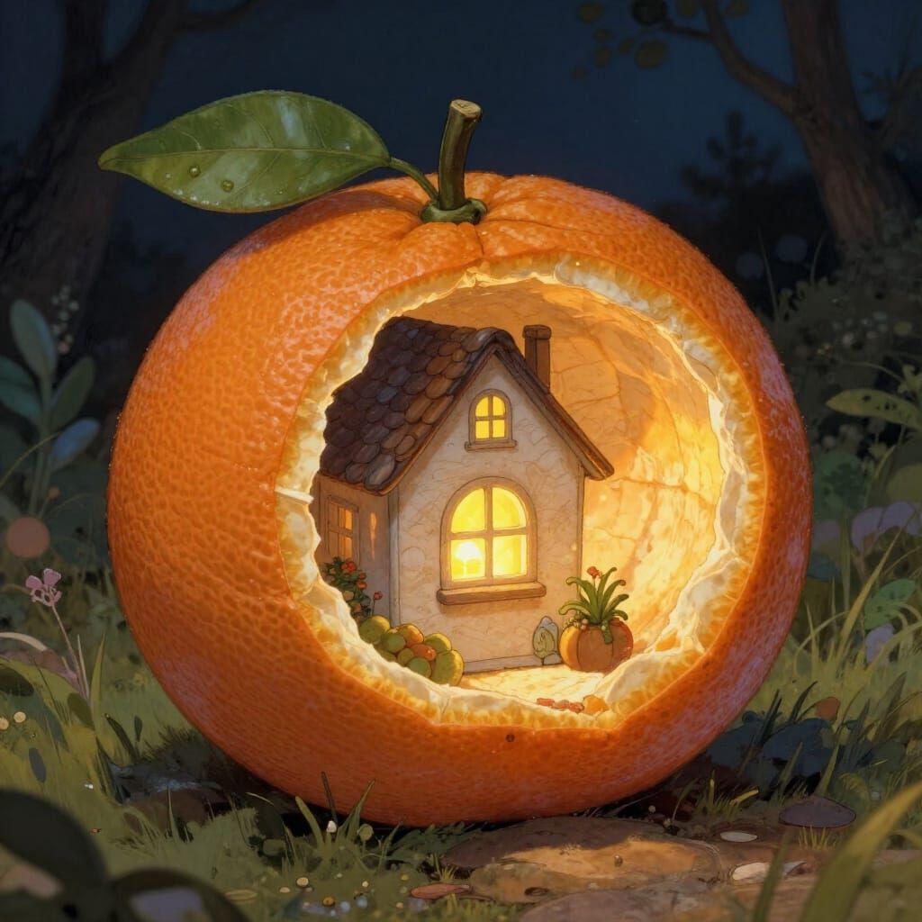 Cozy Orange Peel House With Glowing Window
