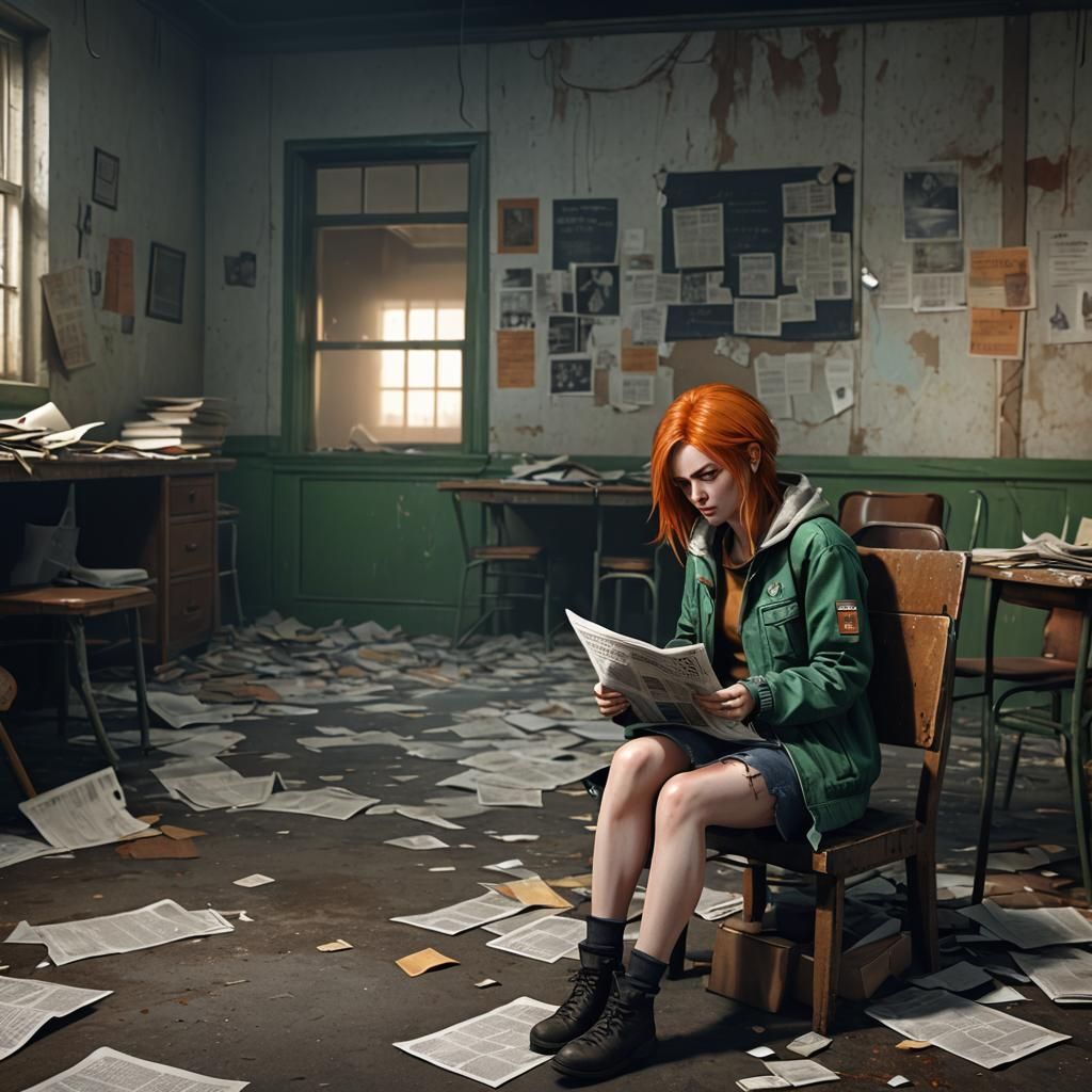 Silent Hill Girl orange hair green eyes crying  and jeans in...
