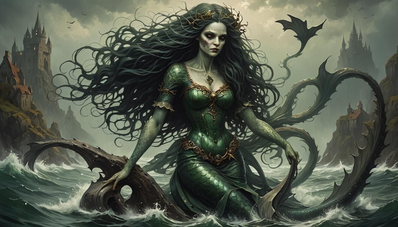 creepy european irish folk-art traditional mermaid - AI Generated ...