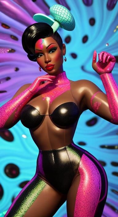 3d art pin-up girl skin black  hair brown skin🍄💖🌊🪻neon g...