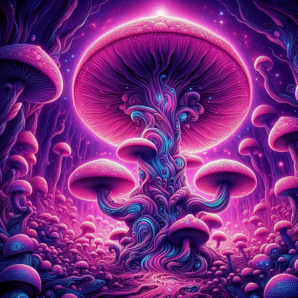 pychedelic artwork of a mythical mushroom