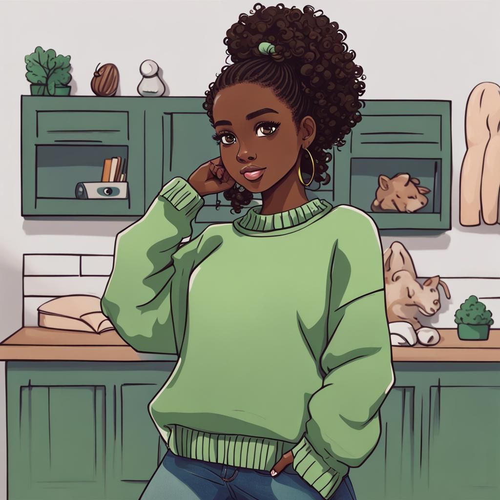 A girl with green eyes and two curly hair buns. She is weari...