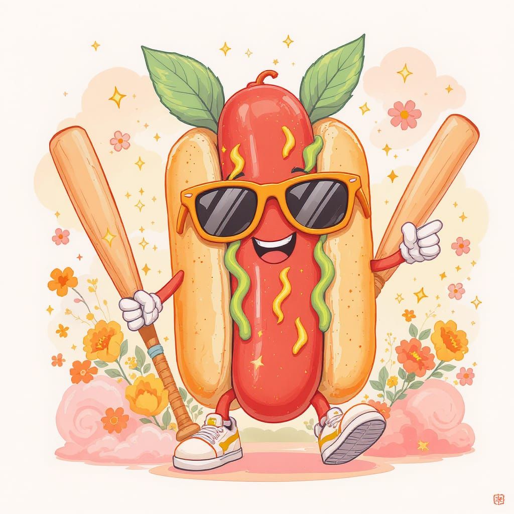 An adorable and whimsical illustration of a smiling hot-dog, wearing large orange sunglasses and topped with two green leaves. The anthropom...