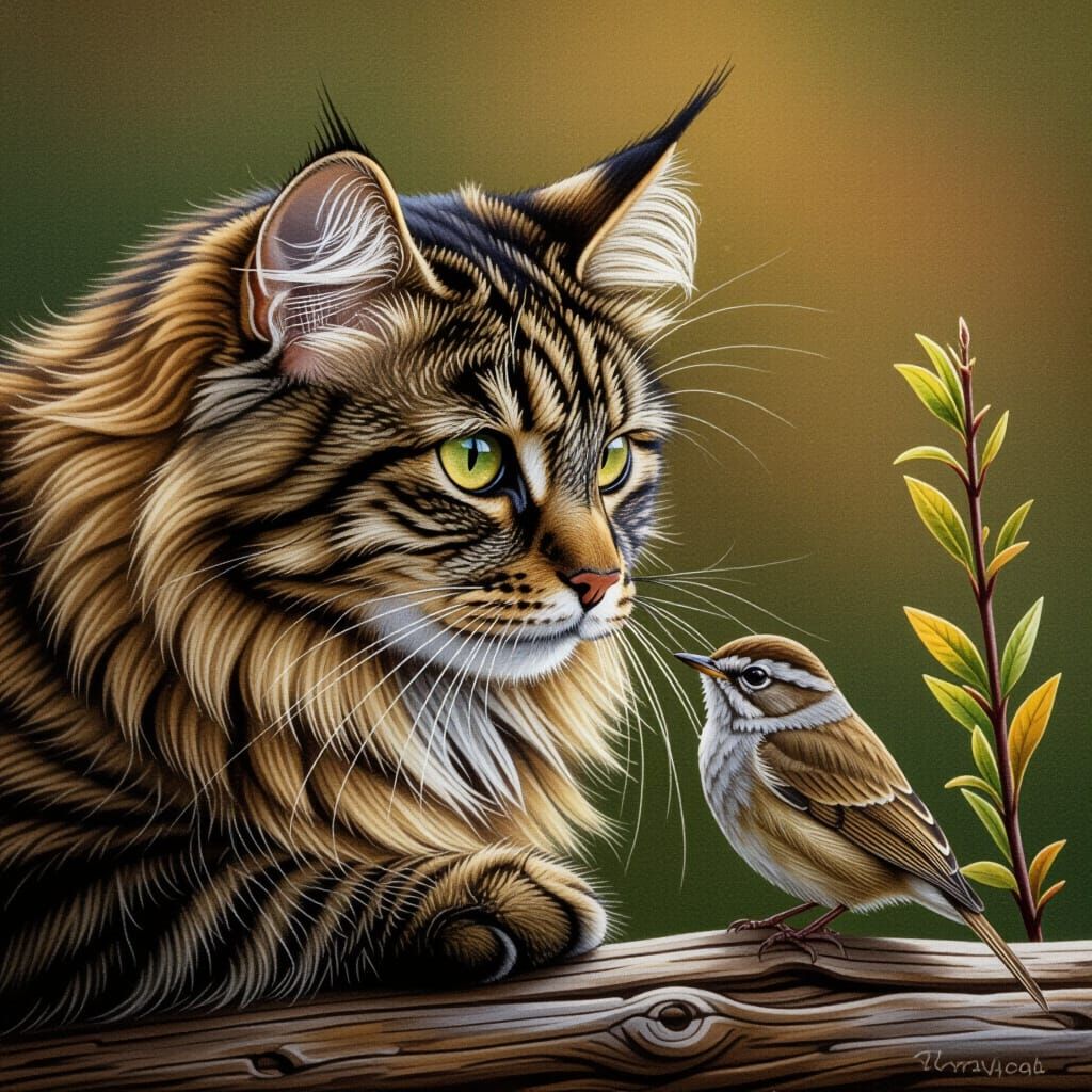 un chat qui cherche à manger un petite oiseau   réaliste  by @lola besferder