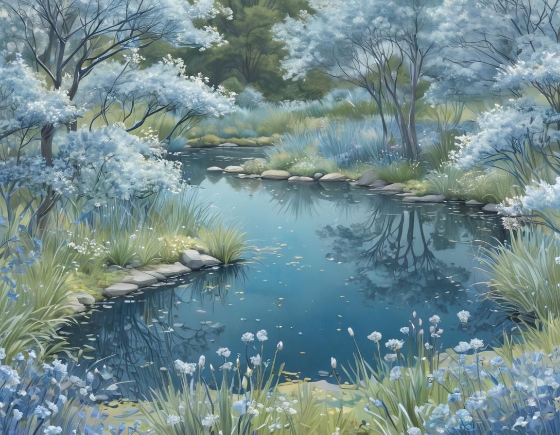 "A detailed sketch of the Azure Glade, illustrating a serene, ethereal glade with pale blue grasses and delicate, translucent trees bearing...