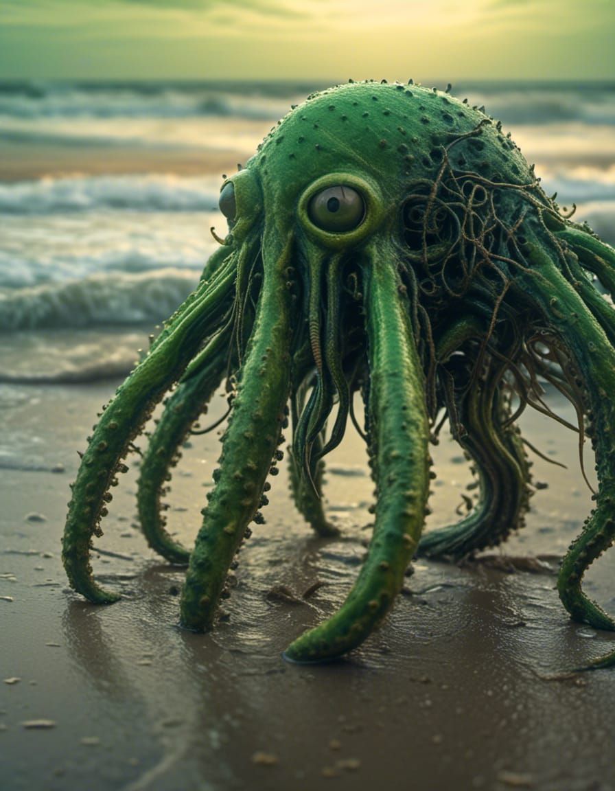<lora:Creatures:1.0> a green skinned octopod creature, many spikes, crawling on a beach, big reddish eyes, 8K, ultra realistic, UHD, masterp...