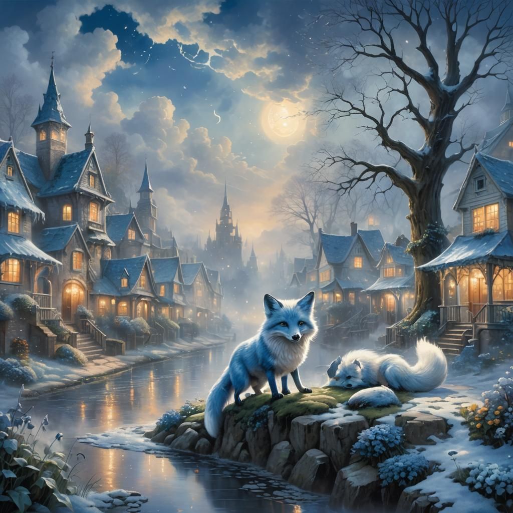 Blue and white magical fox eating souls in a town