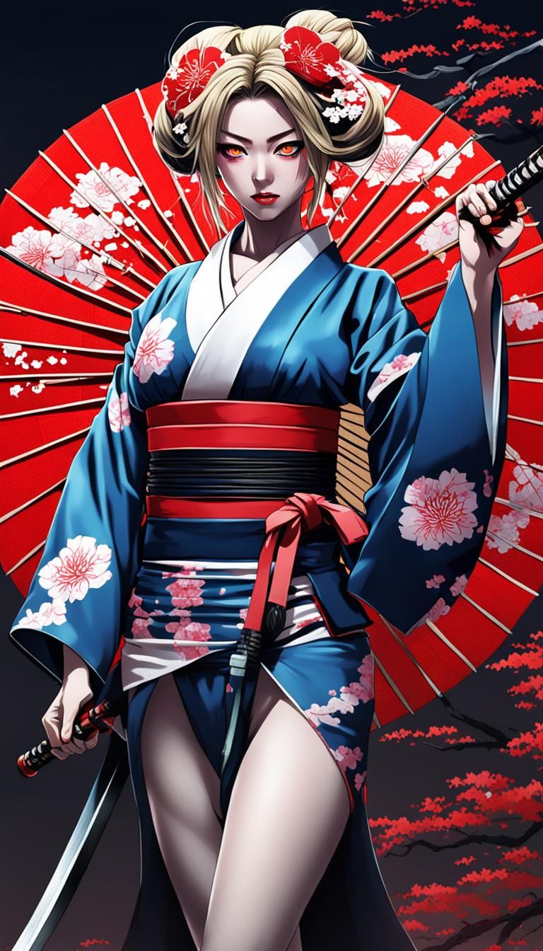 geisha samuray with katana and blood