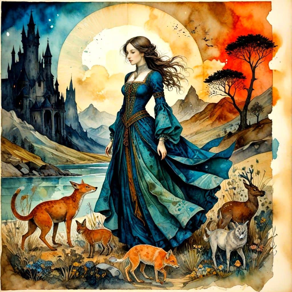 Medieval Lady and Fantastic Animals on Distressed Parchment