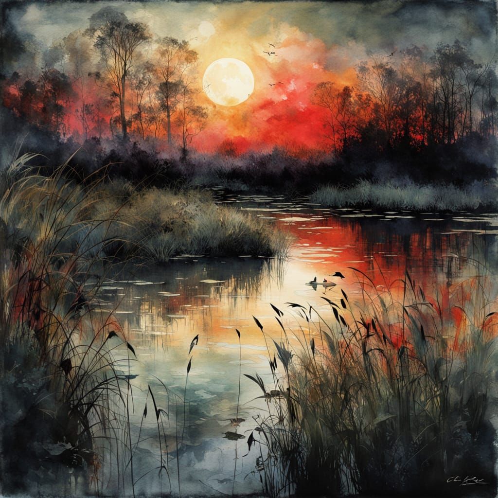 wild pond with reeds, wildflowers  by @Mapont