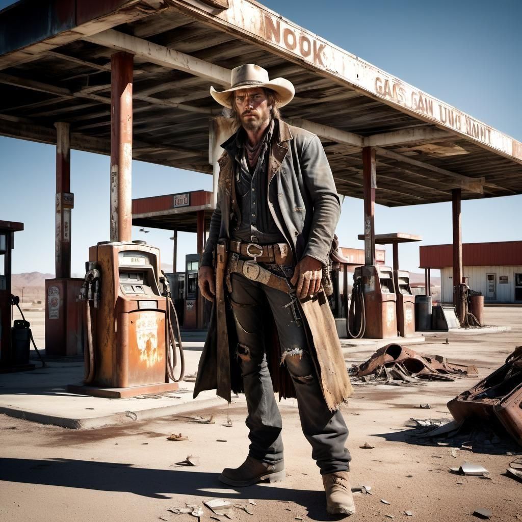 (Post-apocalyptic:1.3) photo of a wasteland gunslinger, with a weathered cowboy hat, rugged features, ...  by @420xccv