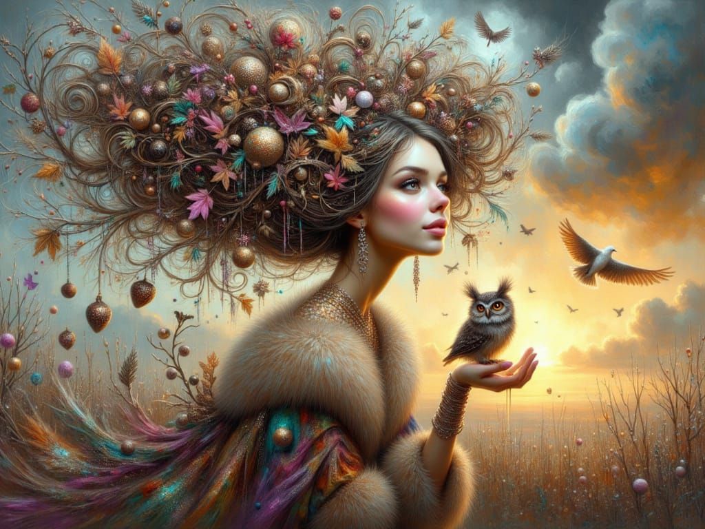 <lora:FiosXmasMagicWithMax:1.0> Ophelia and her Owl Nix