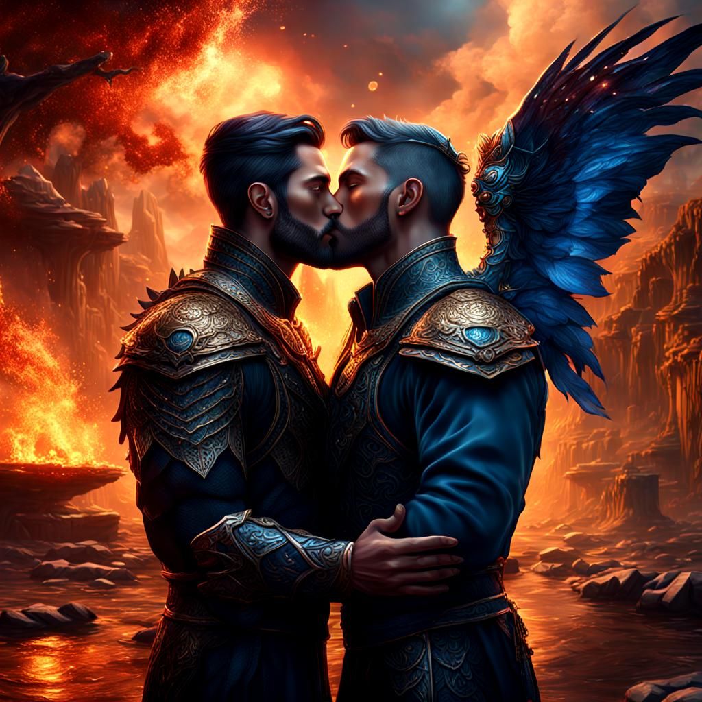 two beautiful men giving each other a very hot kiss