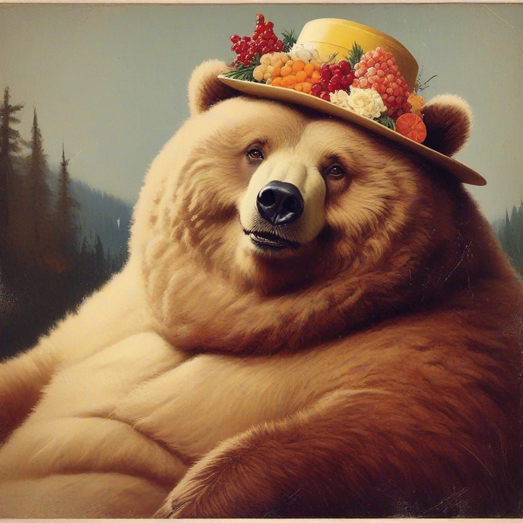 vintage Norman Rockwell style portrait: Sarcastic obese Kodiak Bear; looking at the viewer with pleased interest;
