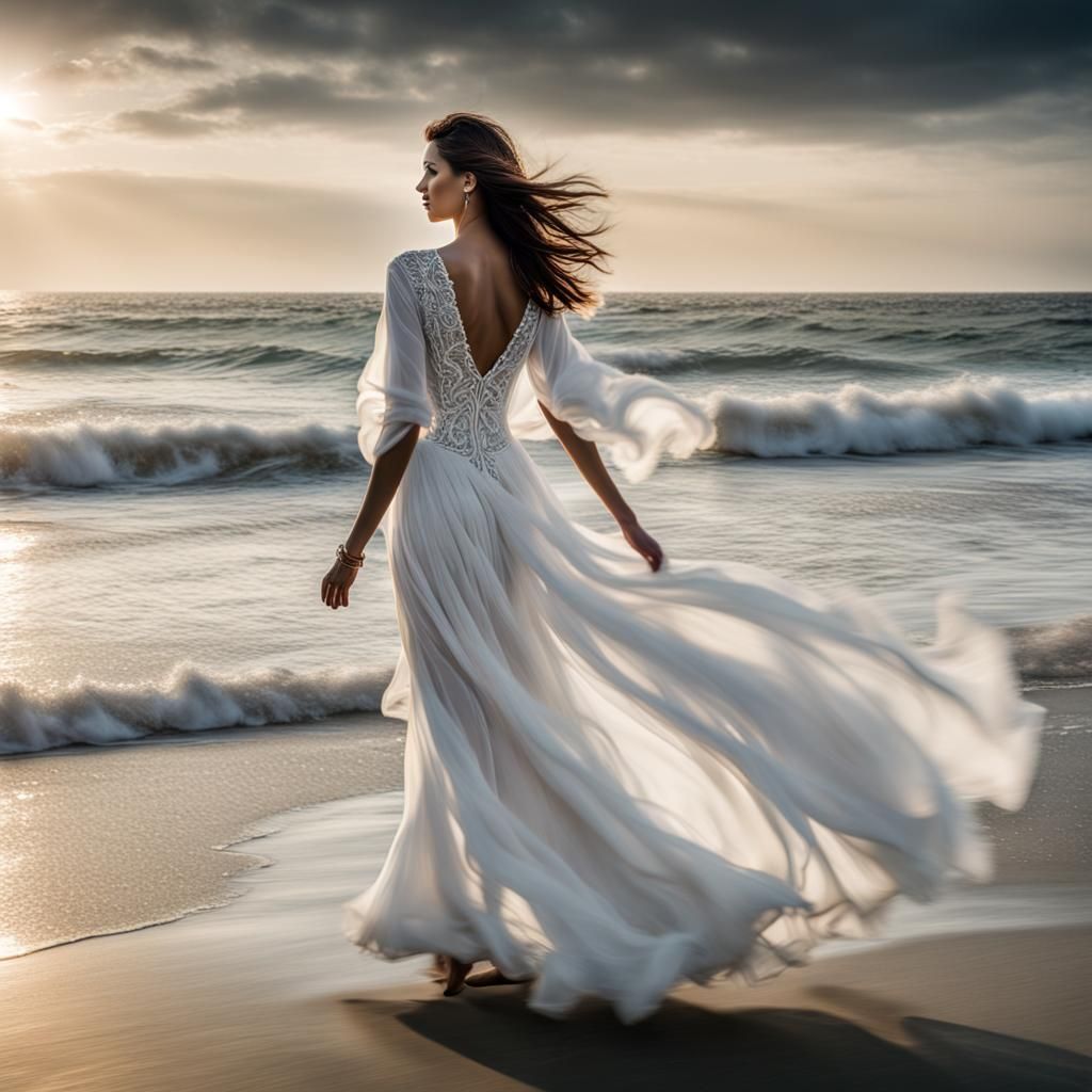 a  beautifull lady walking
in a white flowing dress on the b...