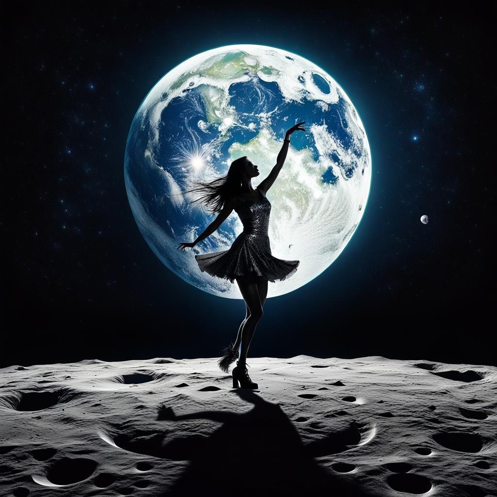 girl dancing on the moon while the earth is rising uncanny and surreal behind