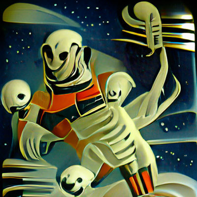 Scary skeleton astronaut in space art deco