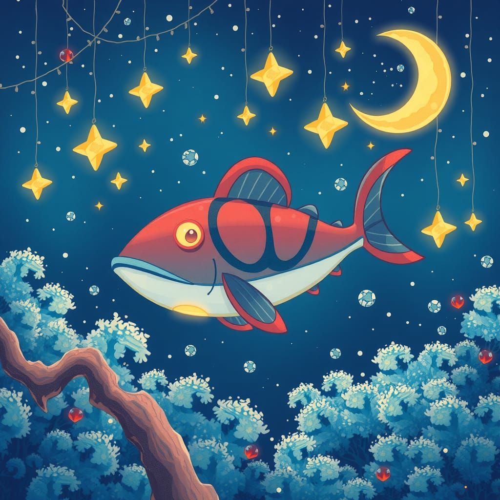 Whimsical Fish in a Magical Starry Sky