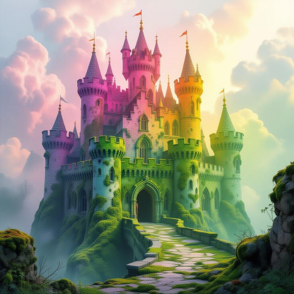 Ethereal Cosmic Castle in Rainbow Hues