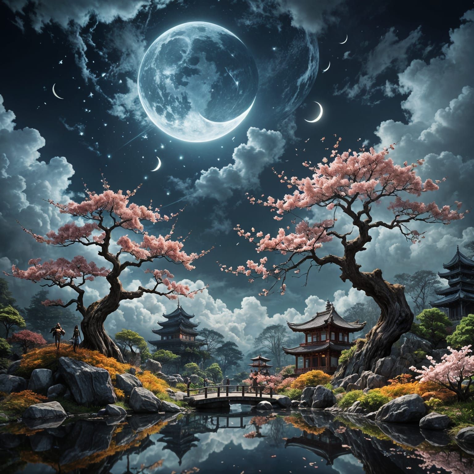  Japanese Sakura Garden, by Bojan Jevtic and Ashley Wood, spiraled world of dark and ligh...  by @Minahal 