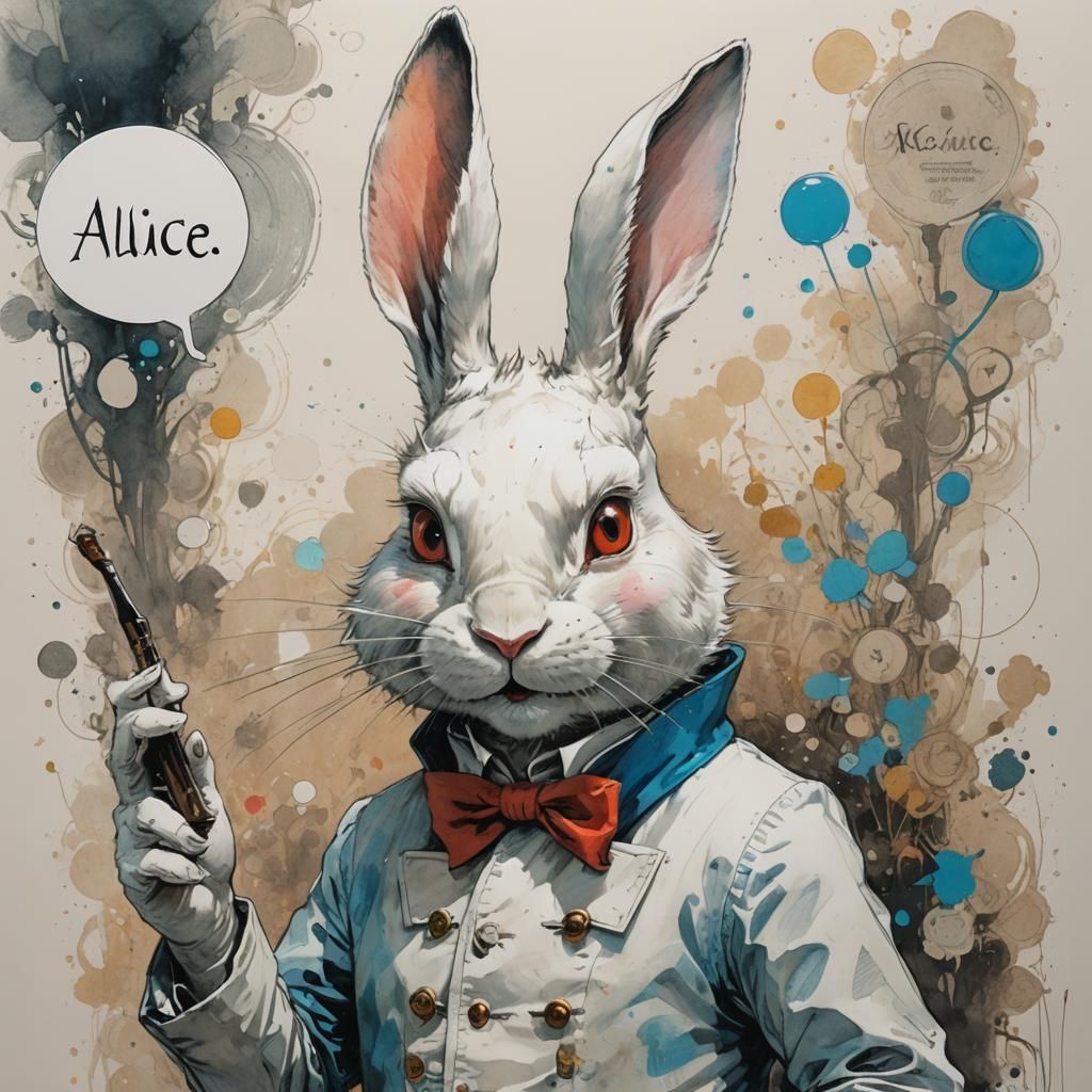White rabbit from Alice in Wonderland,  with one big chat bubble that says "ALICE???"; pencil sketch ...  by @Dessa