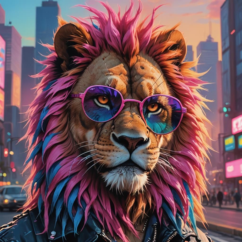 ultra realisteUn lion  au style punk, portant des lunettes d...