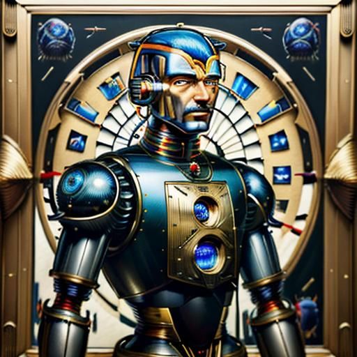 Hyperdetailed Retro-futuristic,  Alcohol-ink, (hyperrealist male humanoid automaton:1.4),  🪐  🚀 🏙 Hans Holbein, Giorgio de Chirico, Tjalf...