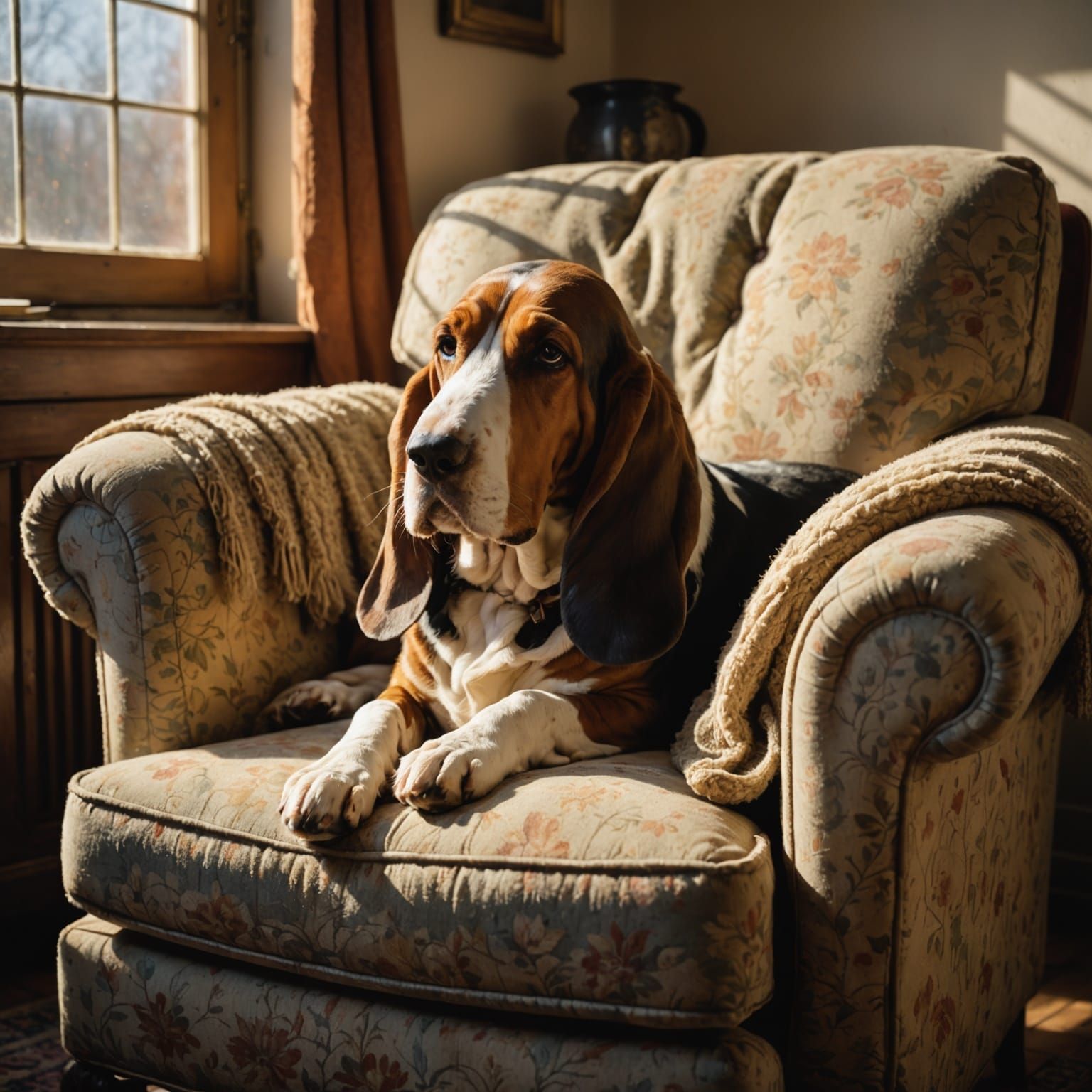 A sleepy Basset Hound is comfy