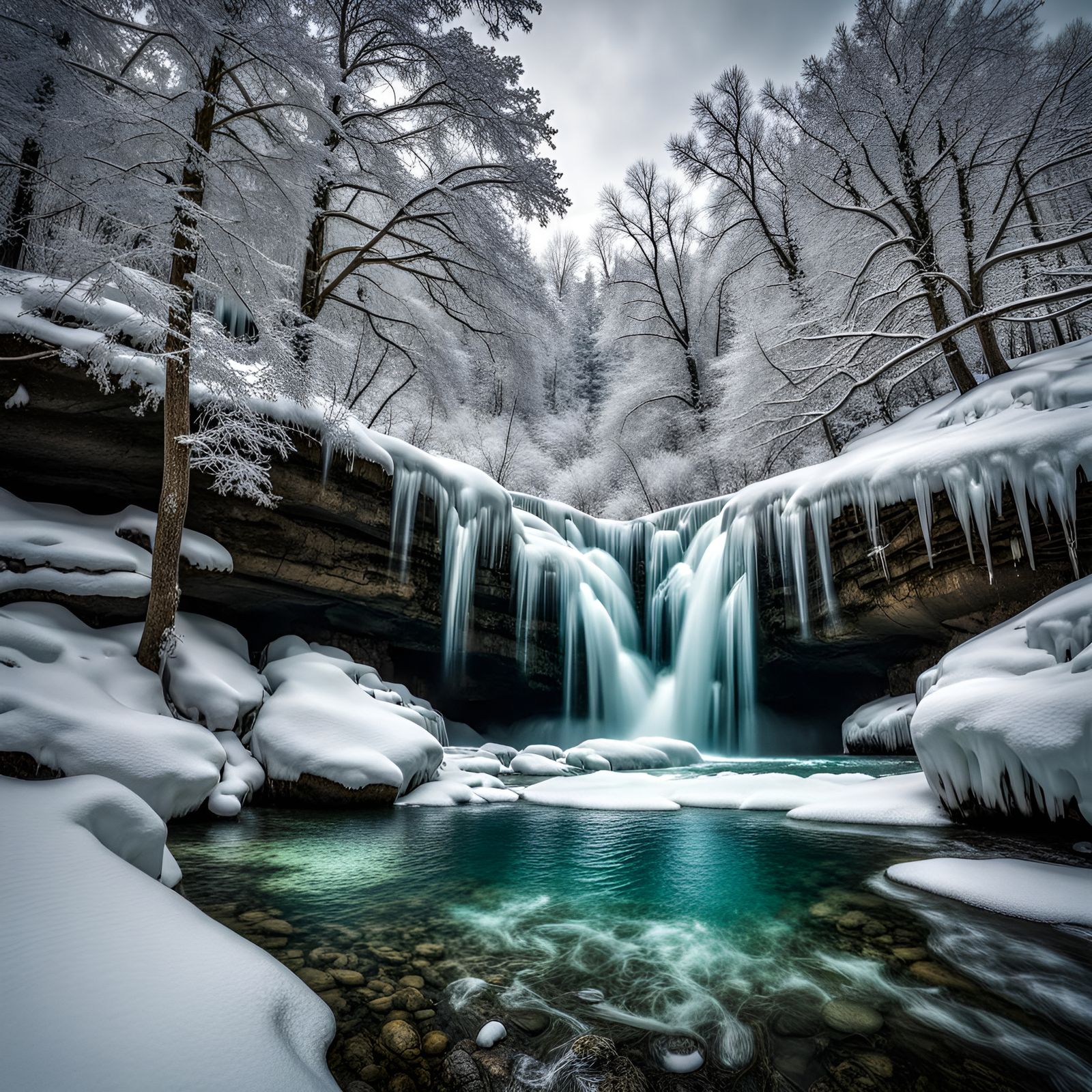 A crystal clear emerald river runs at the bottom of an iced waterfall in a winter Wonderland...  by @Franita