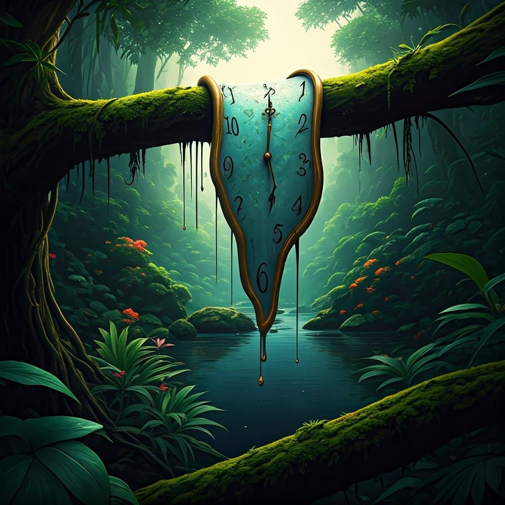melting clock in rainforest