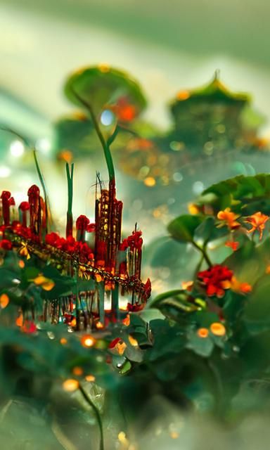 buildings surrounded by red flowers and green trees, and alo...