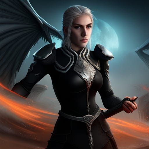 young woman with silver blonde hair wearing black armour wit...