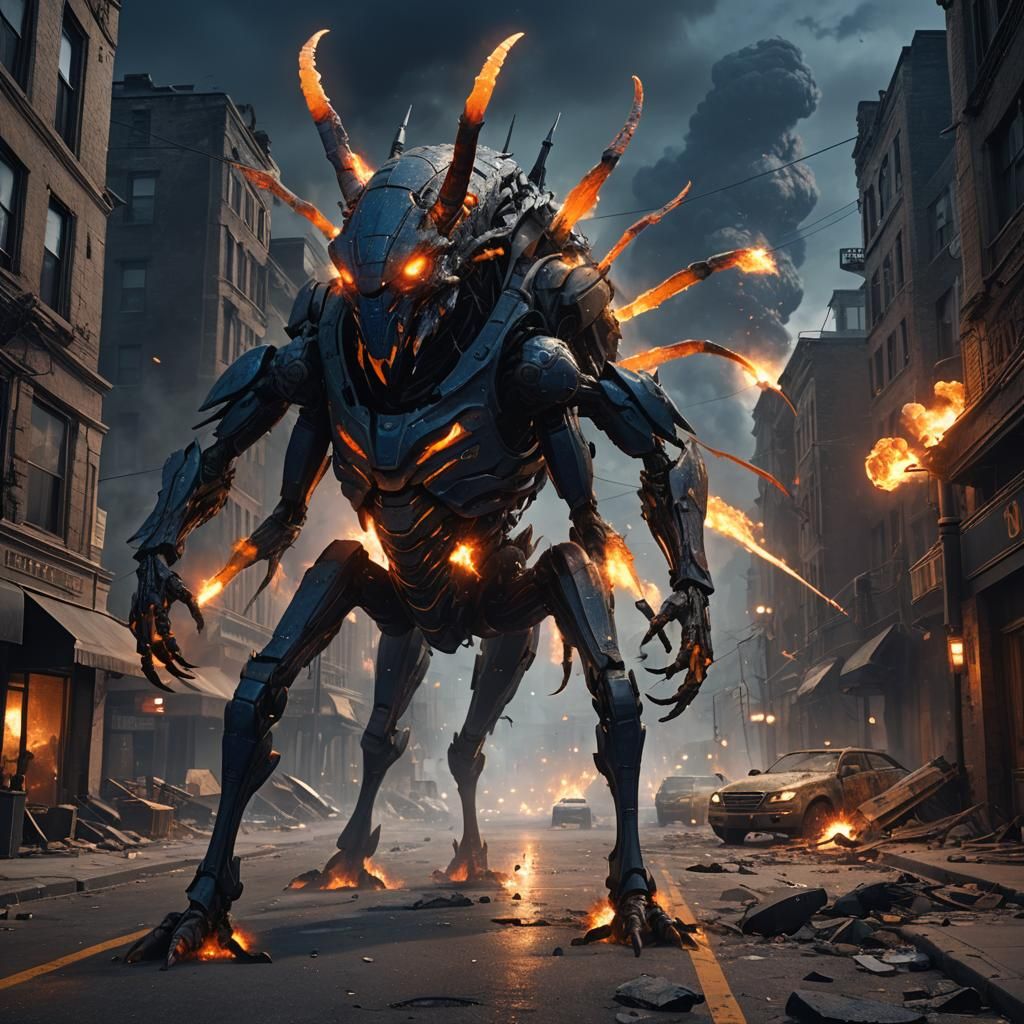 A huge insectoid monstrous creature stalking a war torn city...