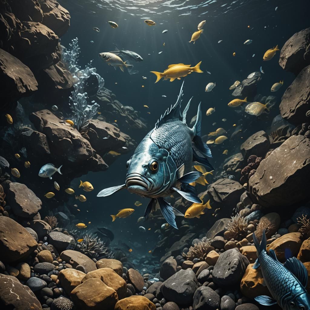 Fearful Fish in Turbulent Dark Sea, Hyperrealism