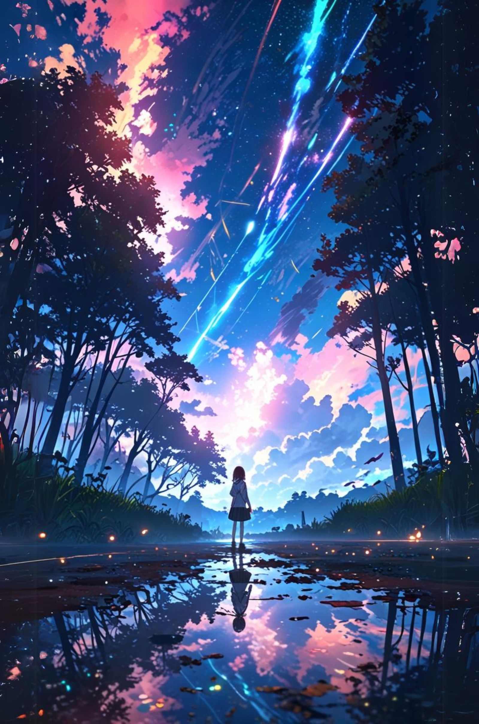 Anime girl mesmerized by the night sky, forgot she was stand...