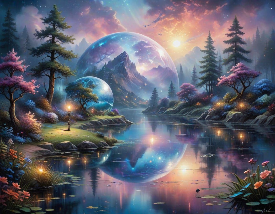 A beautiful sphere, watercolor quaint fantasy scene with a lake and flowers, reflection in water, celshading, ...  by @mossy