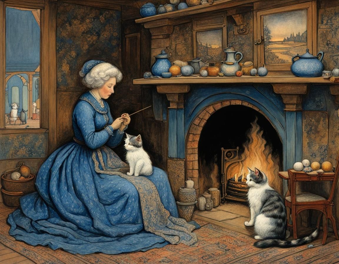 Old women knitting, kitten sitting by the fireplace