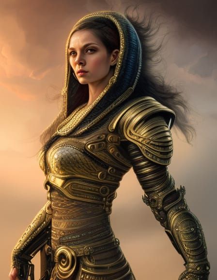 Full figure image of a fierce female Asgardian in epic gold-trimmed ...