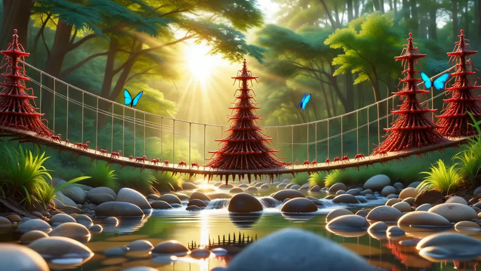 A surreal jungle scene at sunrise with golden light filtering through lush green foliage, featuring a detailed suspensio...